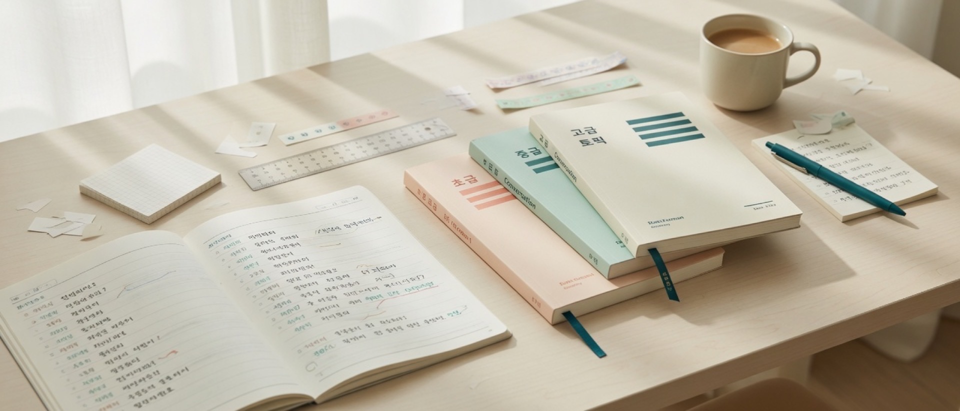 Structured Korean curriculum desk with leveled notebooks and study notes