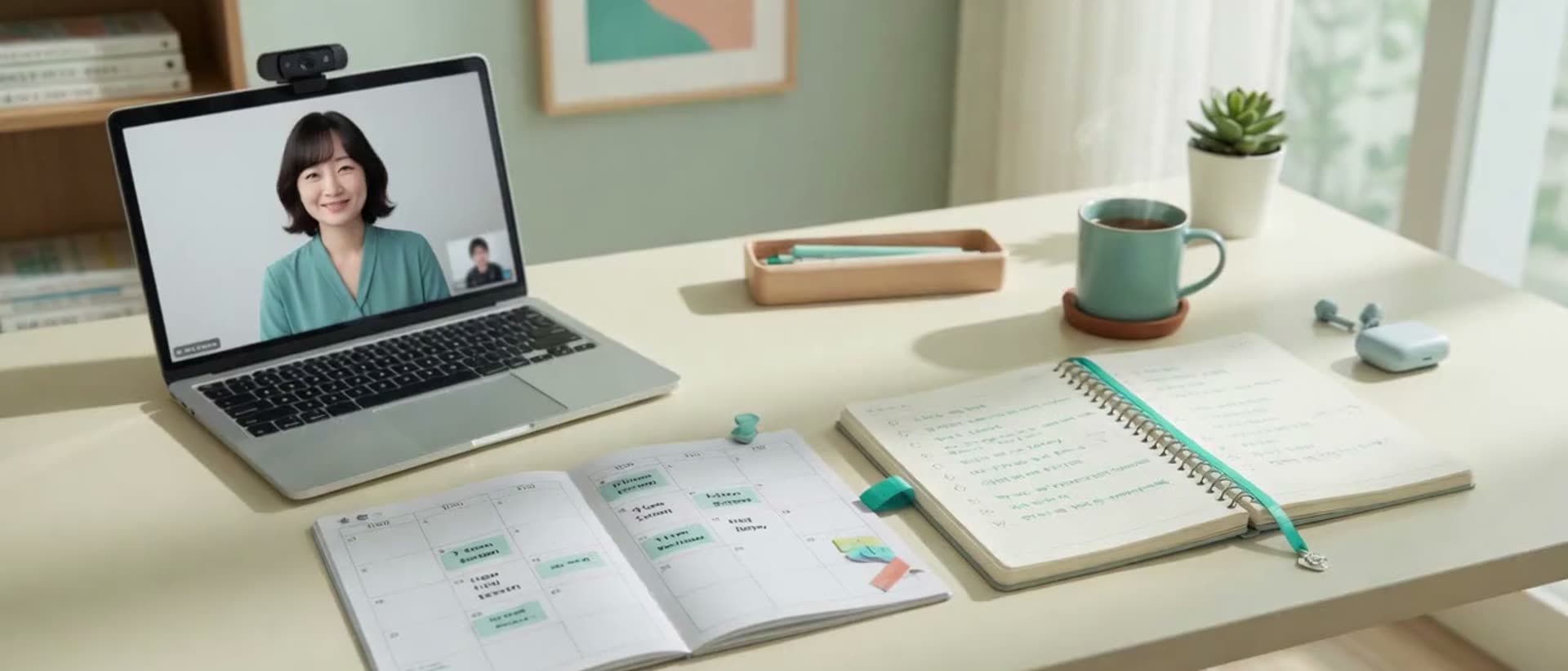 Online Korean lesson desk with video call, calendar, and lesson notes